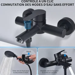 Homelody Mitigeur Bain Douche Mecanique Robinet de Douche Bain Mecanique Monocommande Double Sortie Mural Acier Inoxydable Noir* Robinet De Baignoire