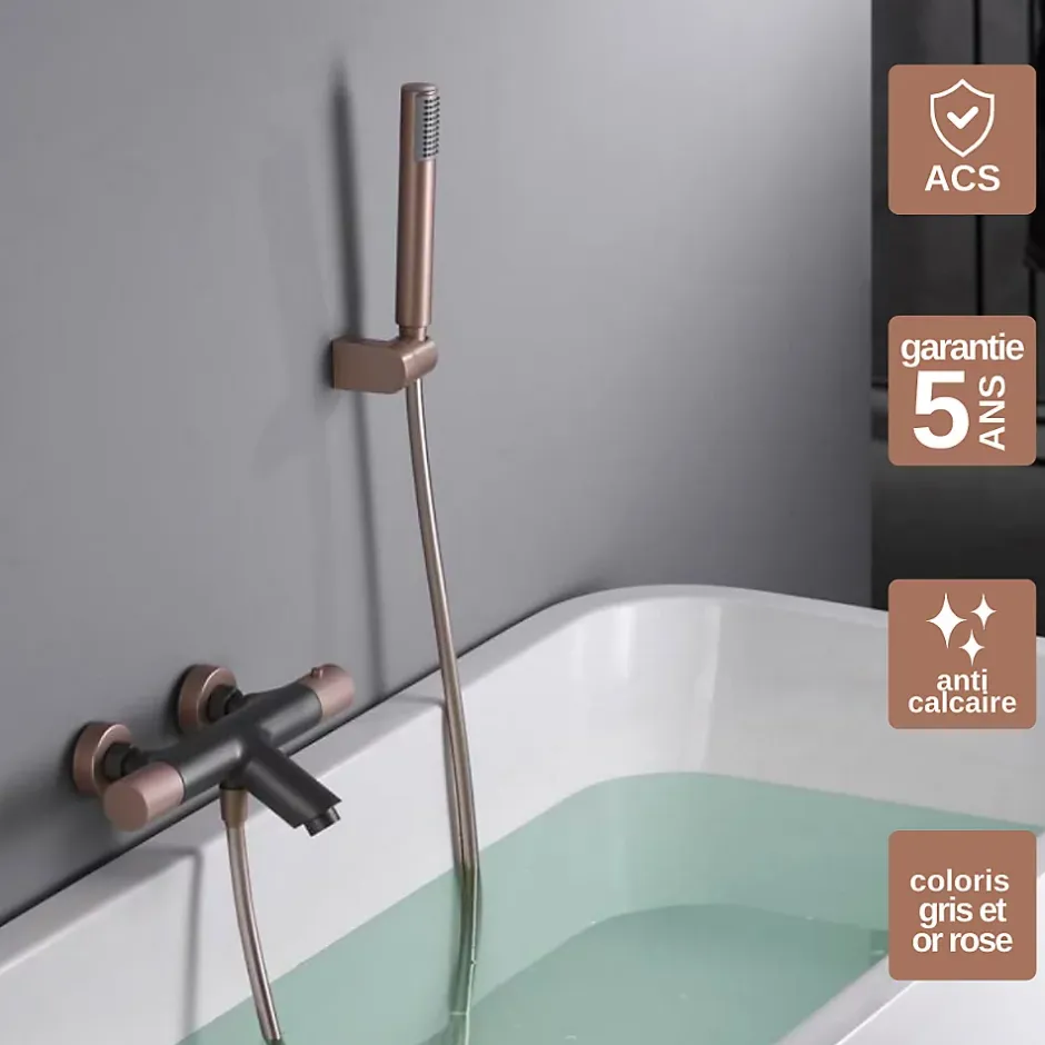 Imex Mitigeur Bain/Douche Anti-Calcaire Thermostatique Gris et Champagne LINE BTD038-4GC* Robinet De Baignoire