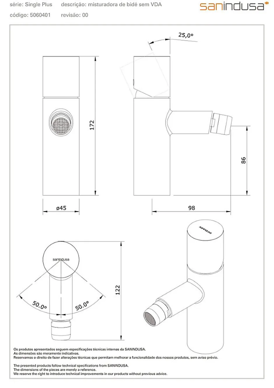 Sanindusa Mitigeur bidet à commande cylindrique jet orientable Single Plus chrome livré avec fixation et 2 flexibles