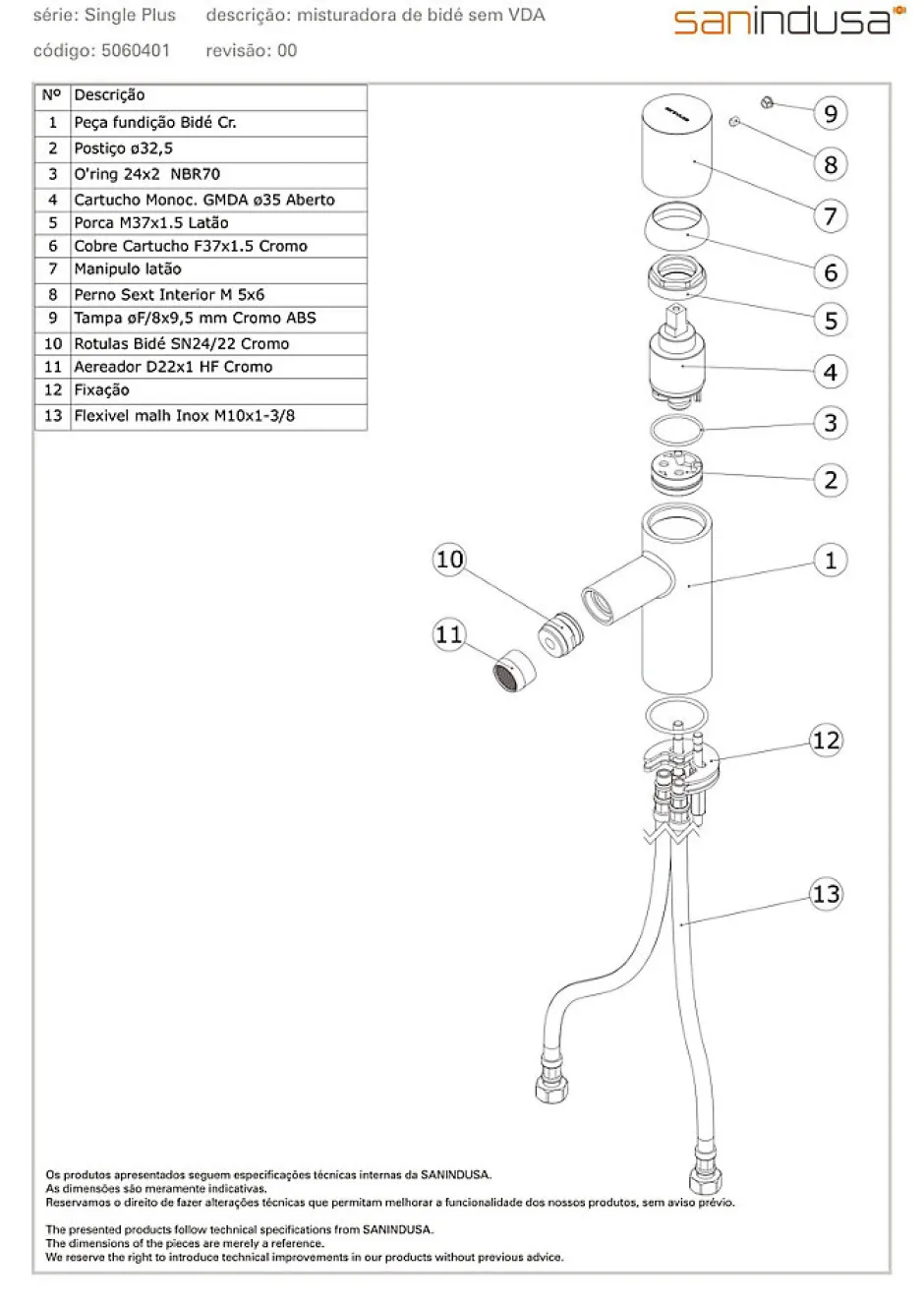 Sanindusa Mitigeur bidet à commande cylindrique jet orientable Single Plus chrome livré avec fixation et 2 flexibles