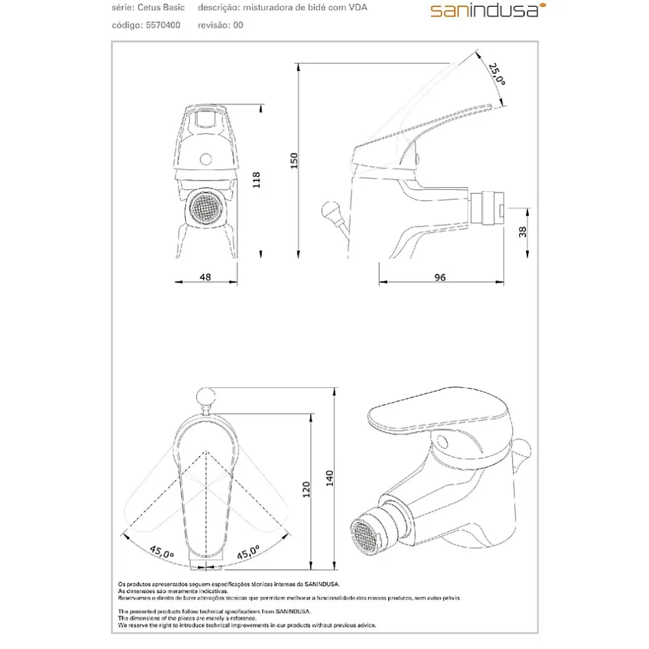 Sanindusa Mitigeur bidet Cetus Basic chromé livré avec 2 flexibles et son vidage à tirette* Robinet De Bidet