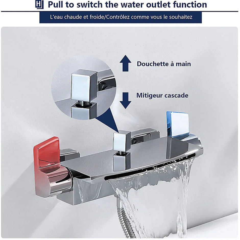 Homelody Mitigeur de Baignoire Cascade Robinet de Douche Mural avec Douchette à Mains Laiton Set de douche en Laiton Chromé