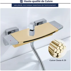 Homelody Mitigeur de Baignoire Cascade Robinet de Douche Mural avec Douchette à Mains Laiton Set de douche en Laiton Chromé