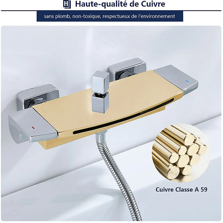 Homelody Mitigeur de Baignoire Cascade Robinet de Douche Mural avec Douchette à Mains Laiton Set de douche en Laiton Chromé