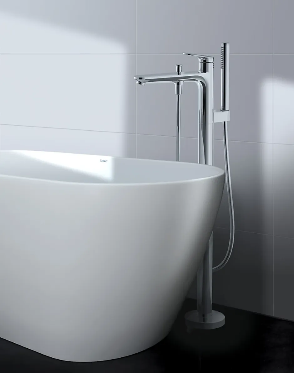 Duravit Mitigeur de baignoire monocommande sur pied avec bec et douchette + flexible - Chrome - 13,5x31,2x95cm - Wave* Robinet De Baignoire
