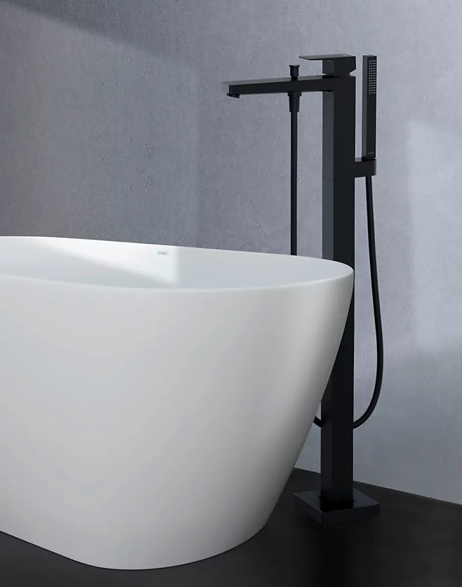 Duravit Mitigeur de baignoire monocommande sur pied avec bec et douchette + flexible - Noir mat - 13,5x31,5x94cm - Manhattan* Robinet De Baignoire