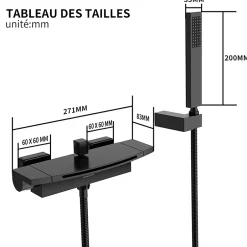 Homelody Mitigeur de Baignoire Mural avec Bec Cascade et Douchette a Main Flexible 1 5 m Laiton Noir Mat* Robinet De Baignoire