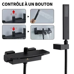 Homelody Mitigeur de Baignoire Mural avec Bec Cascade et Douchette a Main Flexible 1 5 m Laiton Noir Mat* Robinet De Baignoire