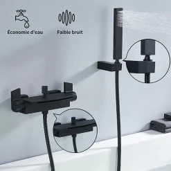 Homelody Mitigeur de Baignoire Mural avec Bec Cascade et Douchette a Main Flexible 1 5 m Laiton Noir Mat* Robinet De Baignoire