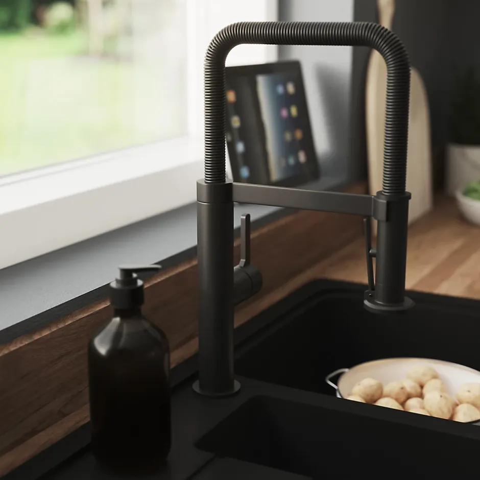 GoodHome Mitigeur de cuisine avec douchette noir mat Kamut* Evier Et Robinet De Buanderie
