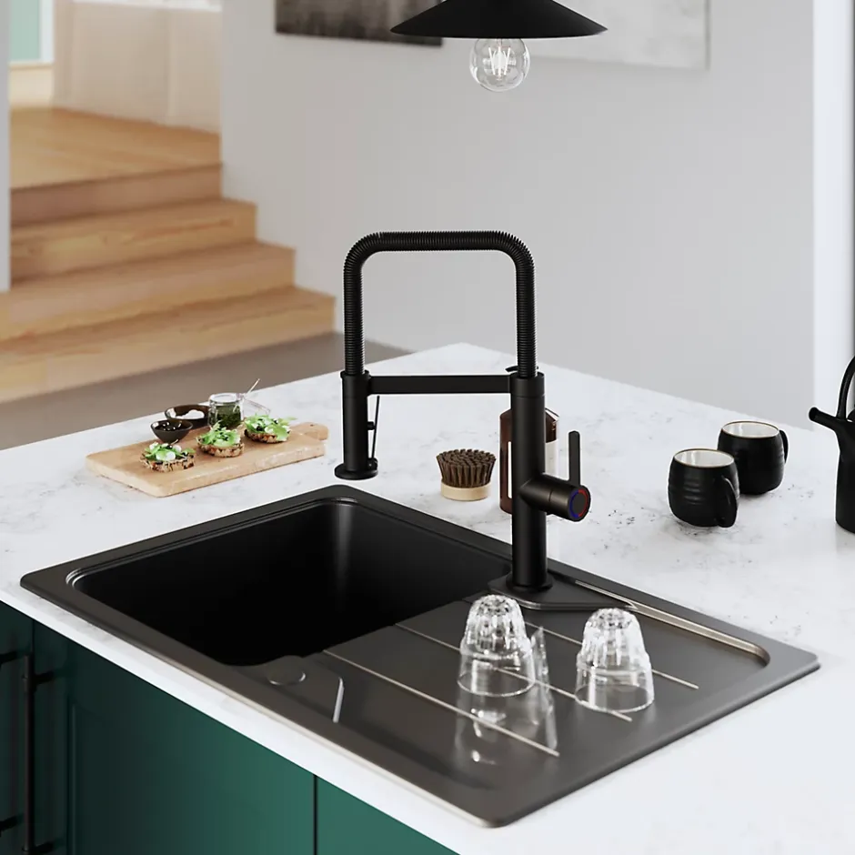 GoodHome Mitigeur de cuisine avec douchette noir mat Kamut* Evier Et Robinet De Buanderie