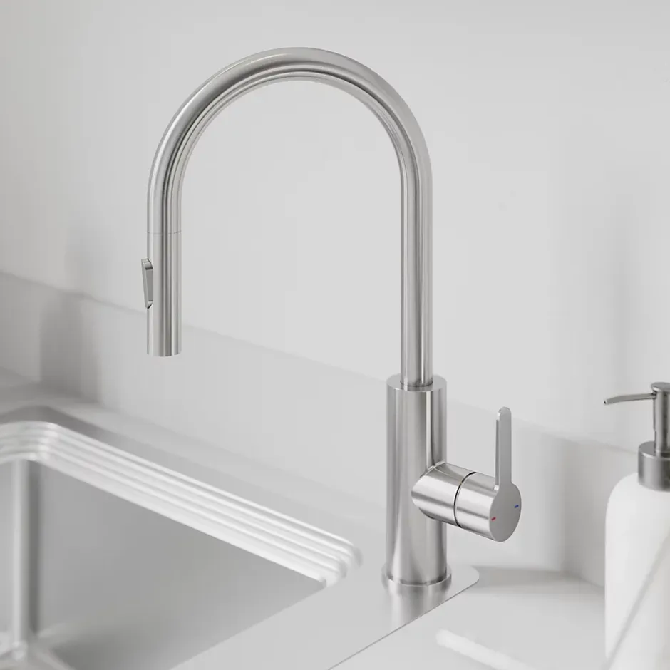 GoodHome Mitigeur de cuisine avec douchette effet inox brossé Zanthe