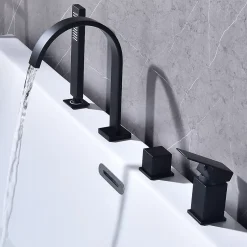 Homelody Mitigeur de Douche et Robinet de Douche Bain-Douche 4 Trous Double Sortie Encastre en Laiton Noir Bec Cascade Pivotant 360