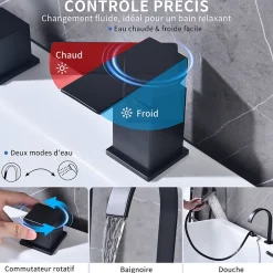 Homelody Mitigeur de Douche et Robinet de Douche Bain-Douche 4 Trous Double Sortie Encastre en Laiton Noir Bec Cascade Pivotant 360