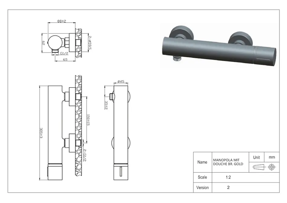 Essebagno Mitigeur de douche mécanique, doré et marbre blanc, Manopola