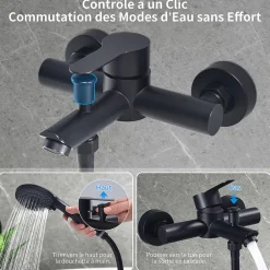 Homelody Mitigeur de Douche Robinet de Baignoire Mecanique Monocommande Double Sortie Mural Acier Inoxydable Noir Pour Baignoire* Robinet De Baignoire