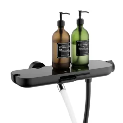 Homelody Mitigeur de Douche Robinet Douche Bain Douche Mural Monocommande à Bouton avec Double Sortie et Plateau Rangement Noir* Robinet De Baignoire