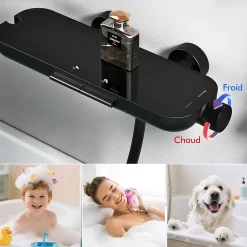 Homelody Mitigeur de Douche Robinet Douche Bain Douche Mural Monocommande à Bouton avec Double Sortie et Plateau Rangement Noir* Robinet De Baignoire