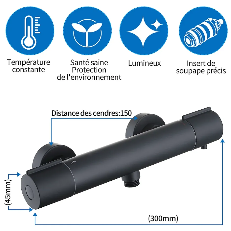 Homelody Mitigeur de douche thermostatique securite 38C temperature stable reglage debit separe mural en laiton noir pour douche