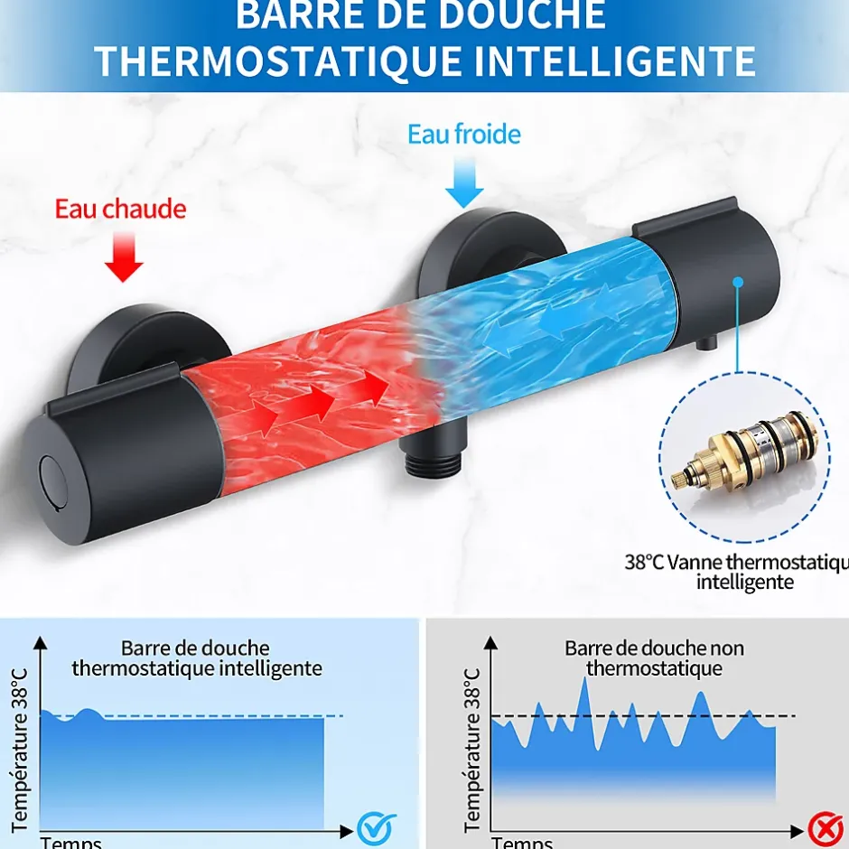 Homelody Mitigeur de douche thermostatique securite 38C temperature stable reglage debit separe mural en laiton noir pour douche