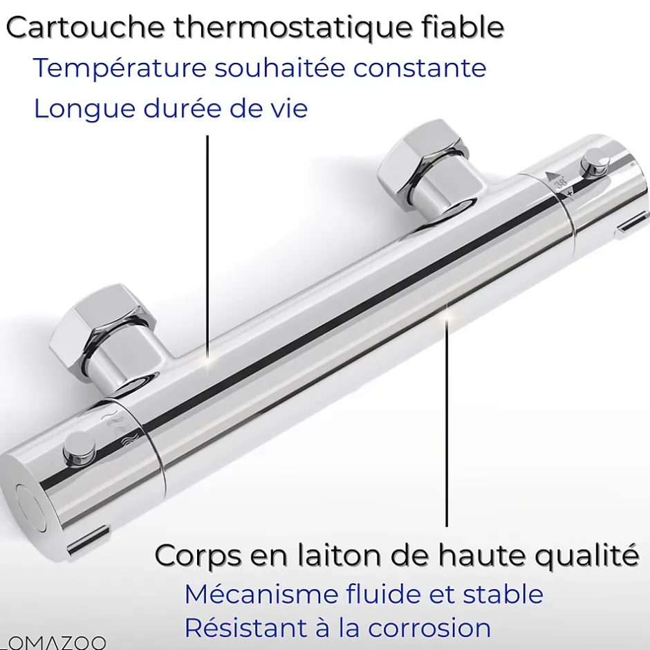 Lomazoo Mitigeur de douche thermostatique chromé - Entraxe 15 cm - avec bouton de sécurité 38C* Robinet De Douche