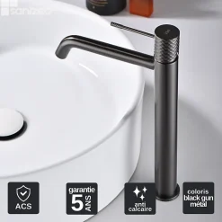 Imex Mitigeur de Lavabo Anti-Calcaire Bec Haut Black Gun Métal GENOVA BDG053-3BGM