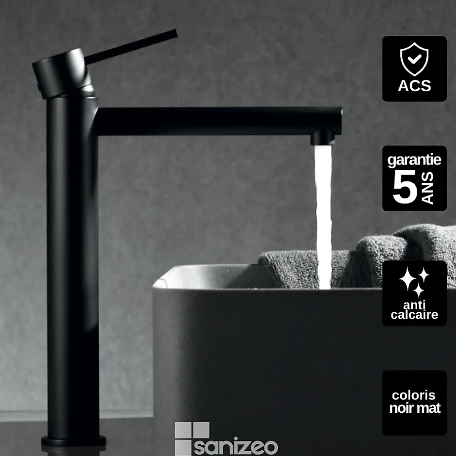 Imex Mitigeur de Lavabo Anti-Calcaire Bec Haut Noir Mat MILOS STICK BDYS045-3NG