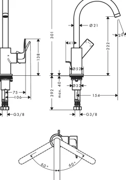 Hansgrohe Mitigeur de lavabo avec bec orientable, tirette et vidage chromé, Rebris E 210* Robinet Lavabo Et Vasque