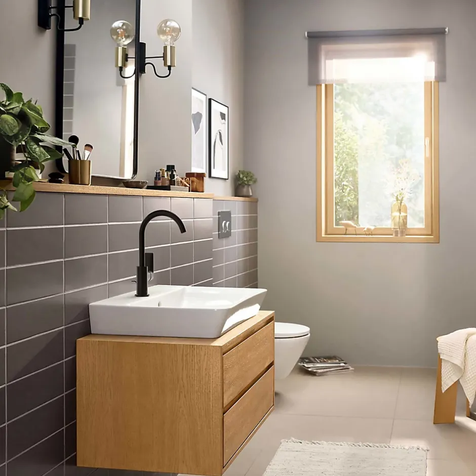 Hansgrohe Mitigeur de lavabo avec bec orientable, tirette et vidage noir mat, Rebris E 210