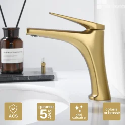 Imex Mitigeur de Lavabo Bec Bas Anti-Calcaire Or Brossé DELOS BDD055-1OC