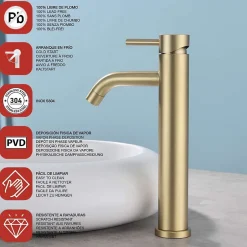 Poalgi Mitigeur de lavabo bec haut SKY BATH or brossé PVD Inox S304 série Rock* Robinet Lavabo Et Vasque