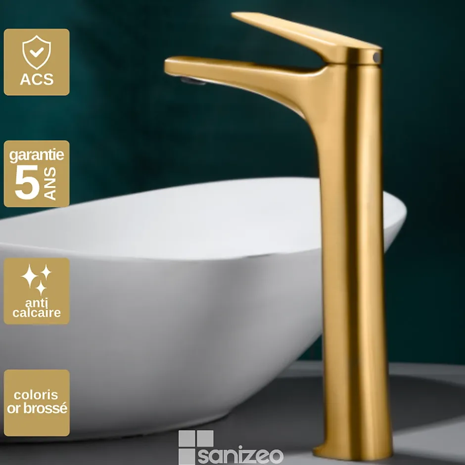 Imex Mitigeur de Lavabo Bec Haut Anti-Calcaire Or Brossé DELOS BDD055-3OC