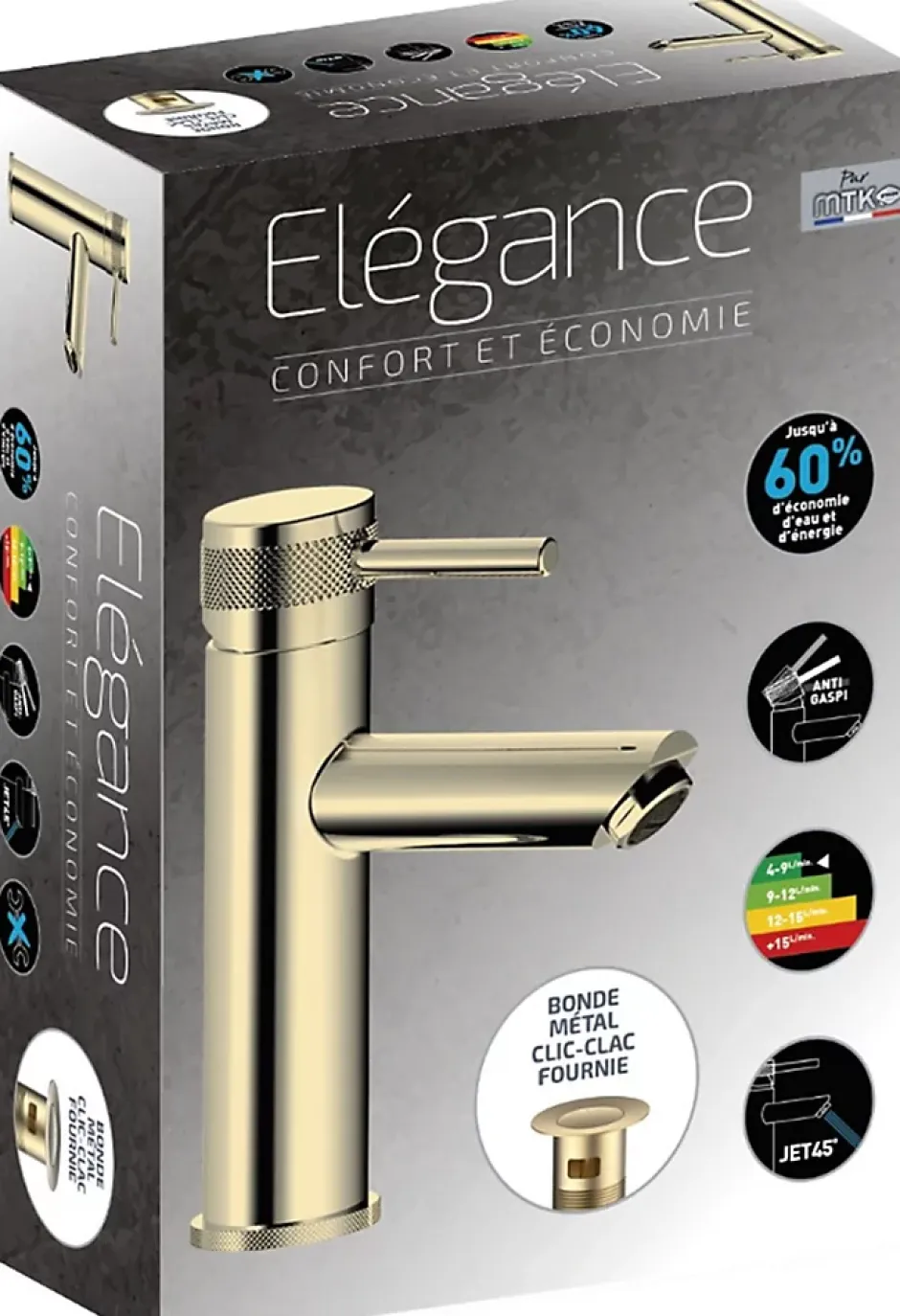 MTK Mitigeur de lavabo doré avec bonde clic clac, Élégance* Robinet Lavabo Et Vasque
