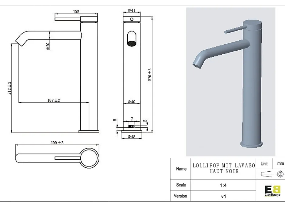 Essebagno Mitigeur de lavabo H.27,6 cm, noir, Lollipop* Robinet Lavabo Et Vasque