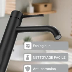 AICA Sanitaire Mitigeur de lavabo haut, noir, monocommande, acier inoxydable, mixte froid/chaud