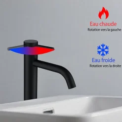 AICA Sanitaire Mitigeur de lavabo haut, noir, monocommande, acier inoxydable, mixte froid/chaud