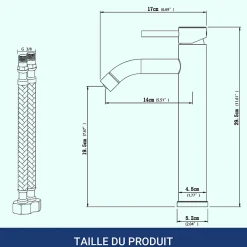 AICA Sanitaire Mitigeur de lavabo haut, noir, monocommande, acier inoxydable, mixte froid/chaud