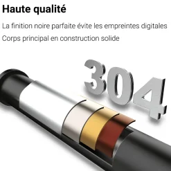 AICA Sanitaire Mitigeur de lavabo haut, noir, monocommande, acier inoxydable, mixte froid/chaud
