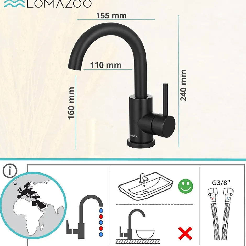 Lomazoo Mitigeur de lavabo noir Styx* Robinet Lavabo Et Vasque