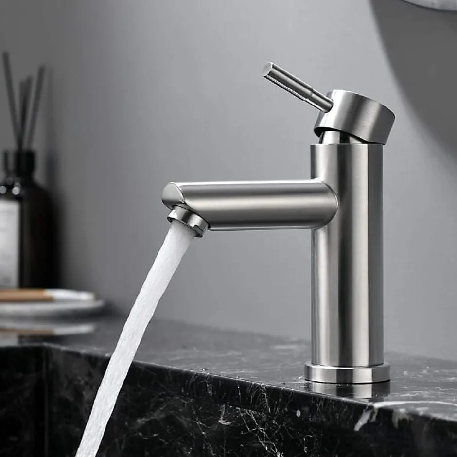 Deko Mitigeur de lavabo monocommande en acier inoxydable, mitigeur de salle de bain au design moderne, eau chaude et froide réglable