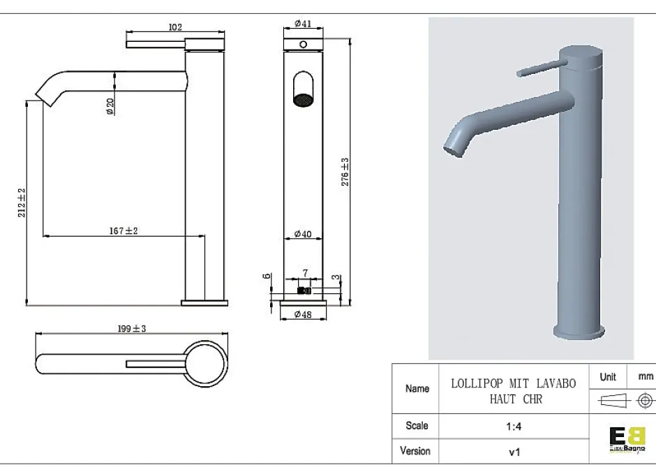 Essebagno Mitigeur de lavabo XL H.27,6 cm, chrome, Lollipop* Robinet Lavabo Et Vasque