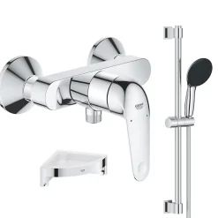 Grohe Mitigeur douche mécanique Swift 2023 + Ensemble de douche 2 jets avec barre + Tablette de douche d'angle