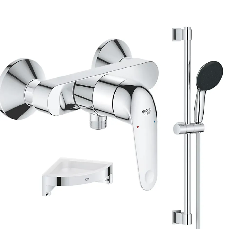 Grohe Mitigeur douche mécanique Swift 2023 + Ensemble de douche 2 jets avec barre + Tablette de douche d'angle