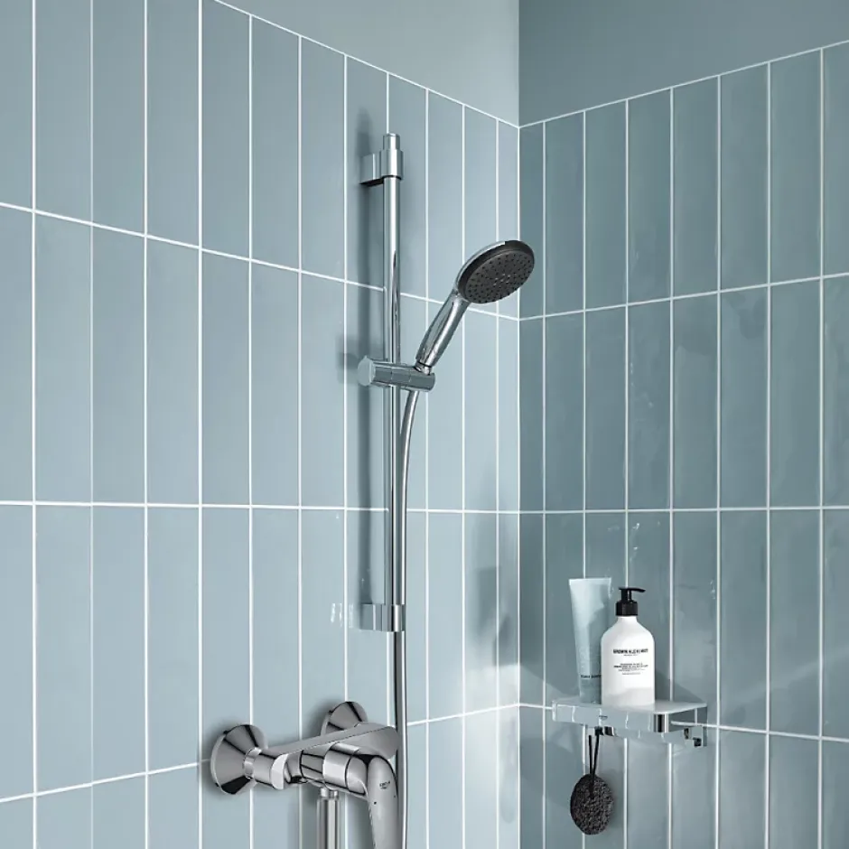 Grohe Mitigeur douche mécanique Swift 2023 + Ensemble de douche 2 jets avec barre + Tablette de douche d'angle