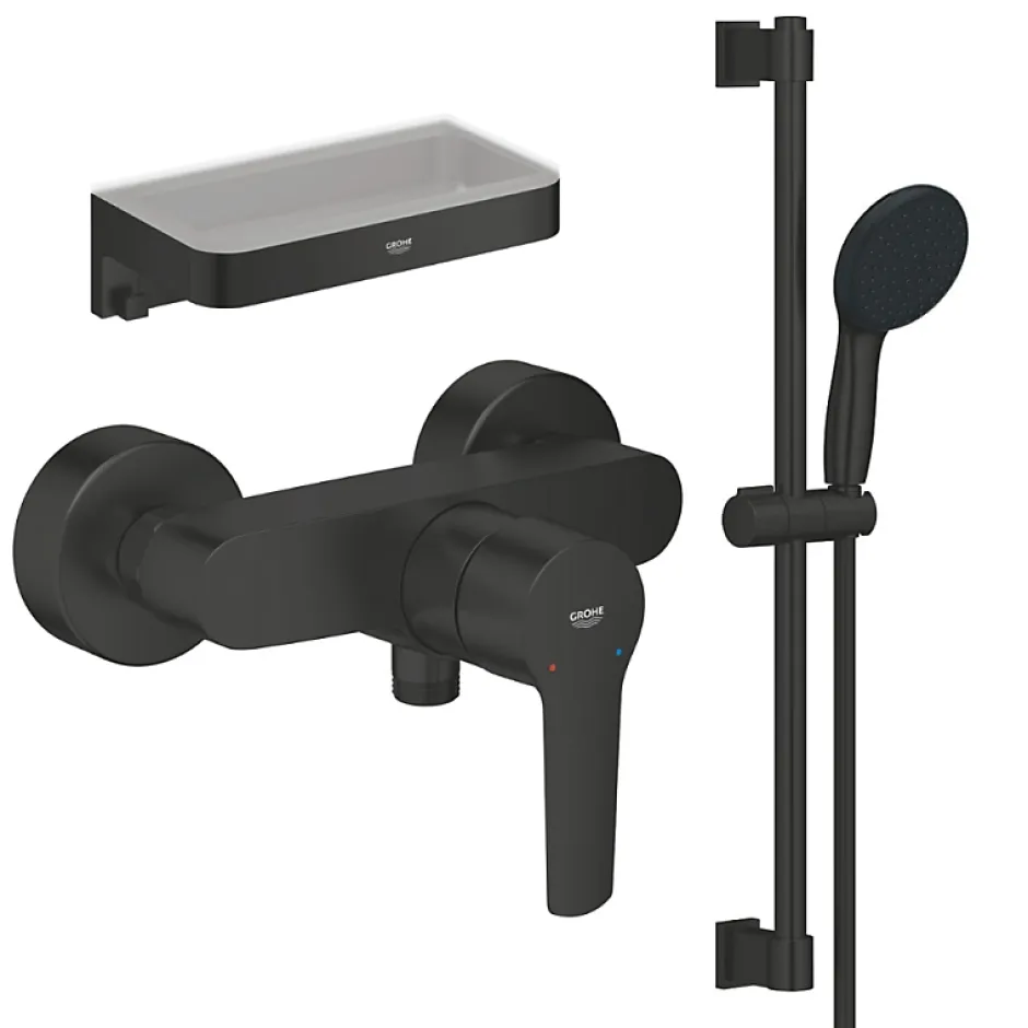 Grohe Mitigeur douche mécanique start Black + Ensemble de douche 2 jets avec barre Noir + Panier douche