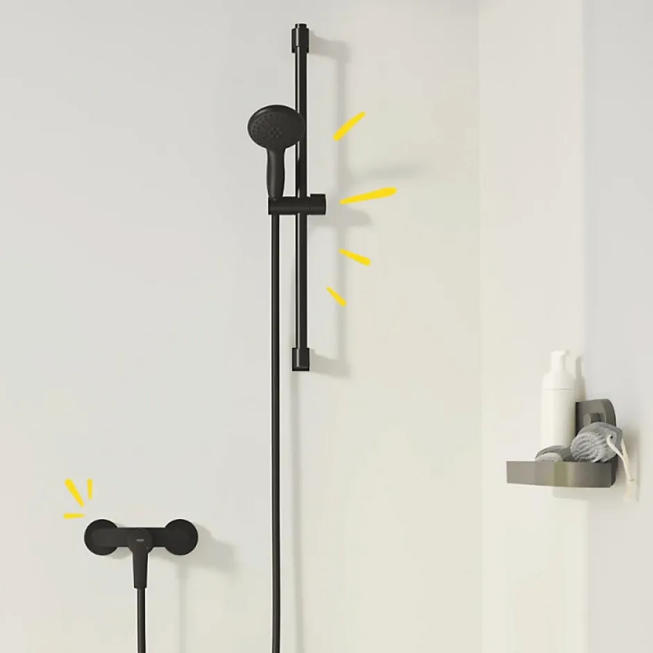 Grohe Mitigeur douche mécanique start Black + Ensemble de douche 2 jets avec barre Noir + Panier douche