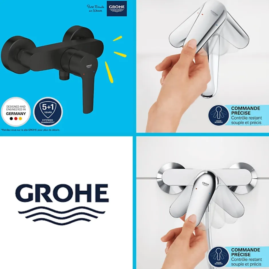 Grohe Mitigeur douche mécanique start Black + Ensemble de douche 2 jets avec barre Noir + Panier douche
