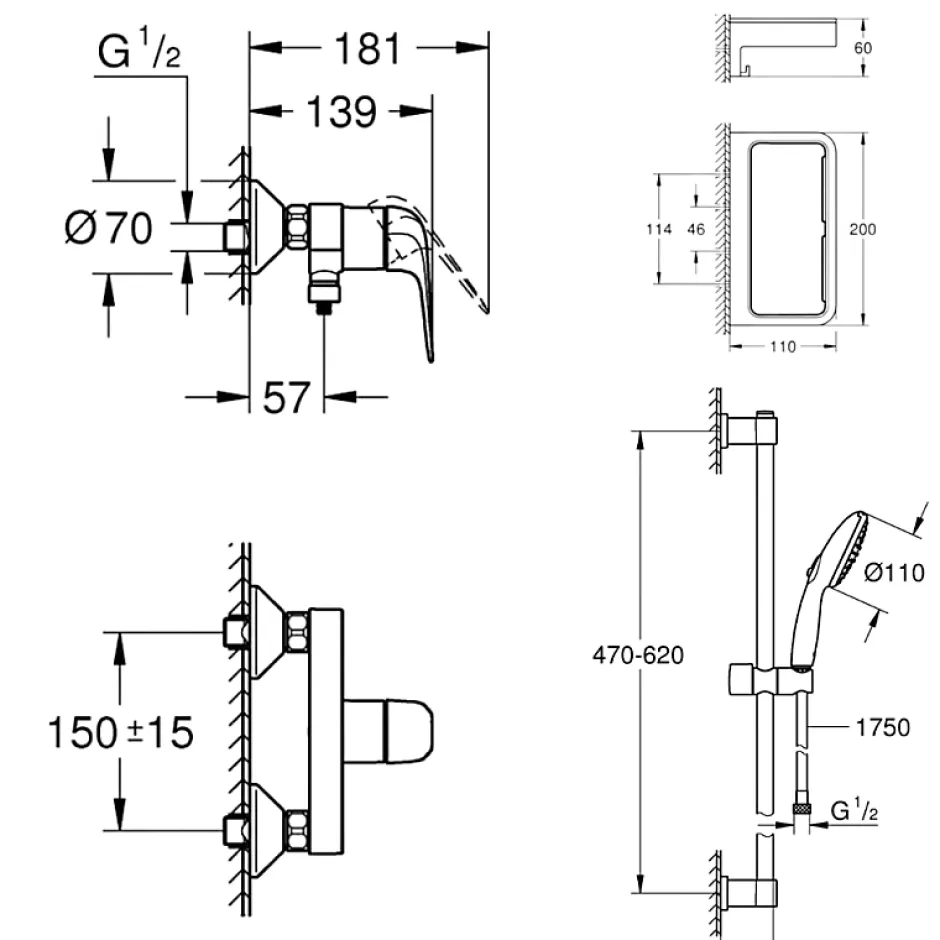 Grohe Mitigeur douche mécanique Swift 2023 + Ensemble de douche 2 jets avec barre + Panier douche* Colonne De Douche Mécanique