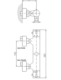 Rav Mitigeur douche mural thermostatique laiton chromé sortie douchette bas-Chromé-Avec douchette à support fixe-Chromé--28.5 -
