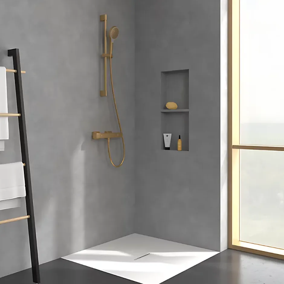 Villeroy & Boch Mitigeur douche thermostatique VILLEROY ET BOCH Universal rectangle + Ensemble de douche Verve Showers 3 jets Or brossé* Colonne De Douche Thermostatique